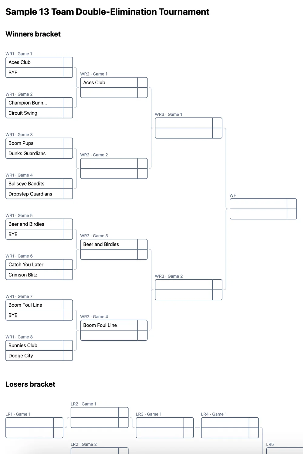 13 team double elimination bracket (printable PDF)