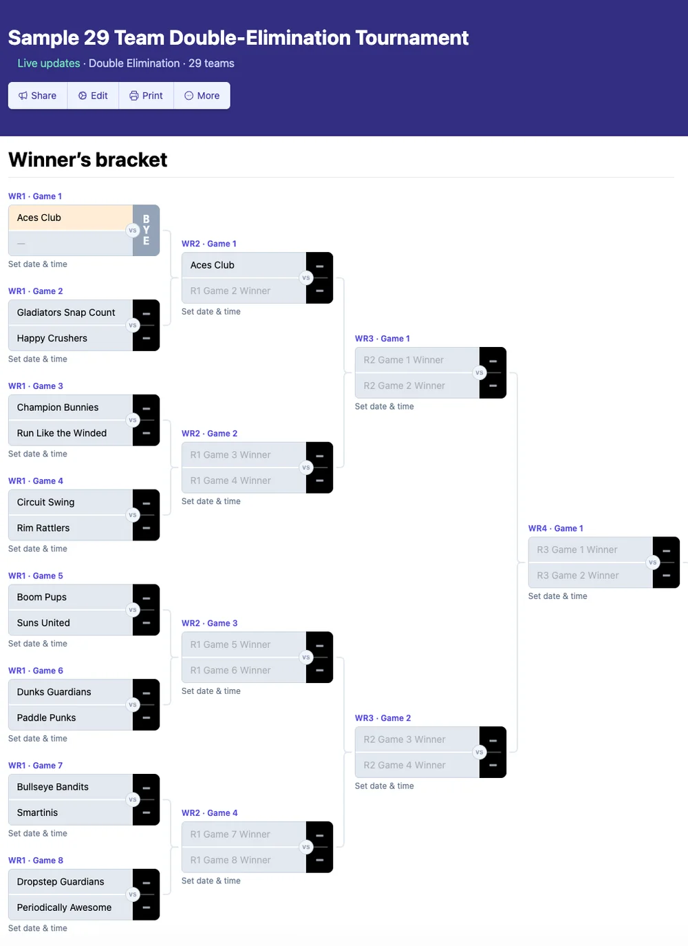 Chave de eliminação dupla para 29 equipes