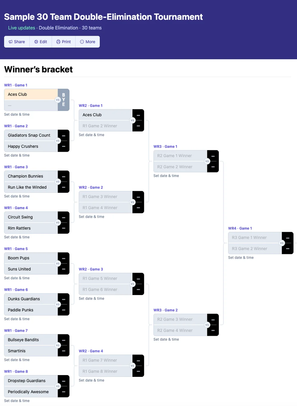 Chave de eliminação dupla para 30 equipes