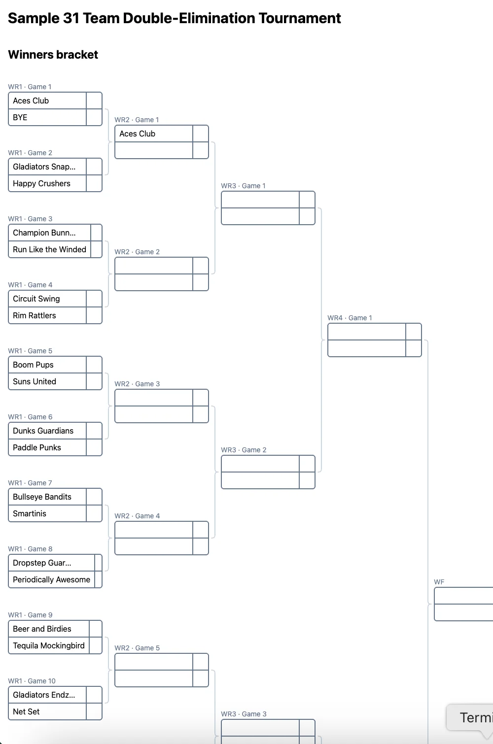 Chave de eliminação dupla para 31 equipes (PDF para impressão)