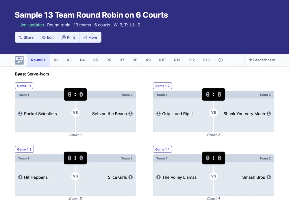 13 team round robin bracket