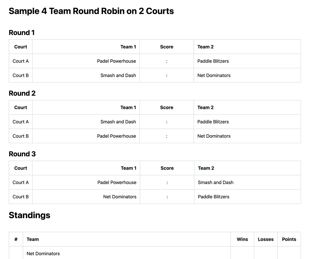 4 team round robin bracket (printable PDF)