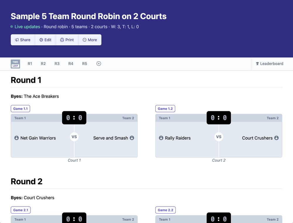 5 team round robin bracket