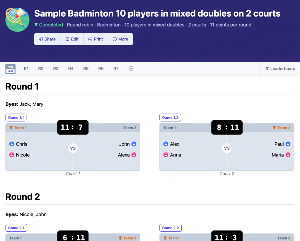 Sample badminton tournament schedule our app makes