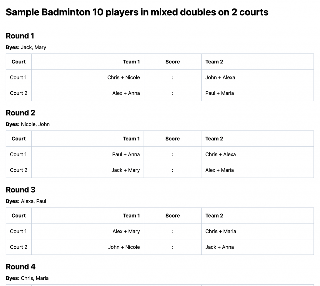 Sample printable badminton fixture