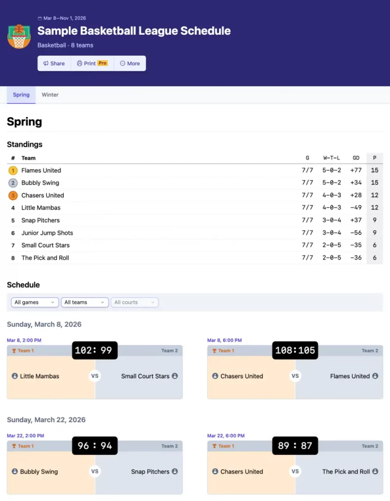 Sample basketball league schedule