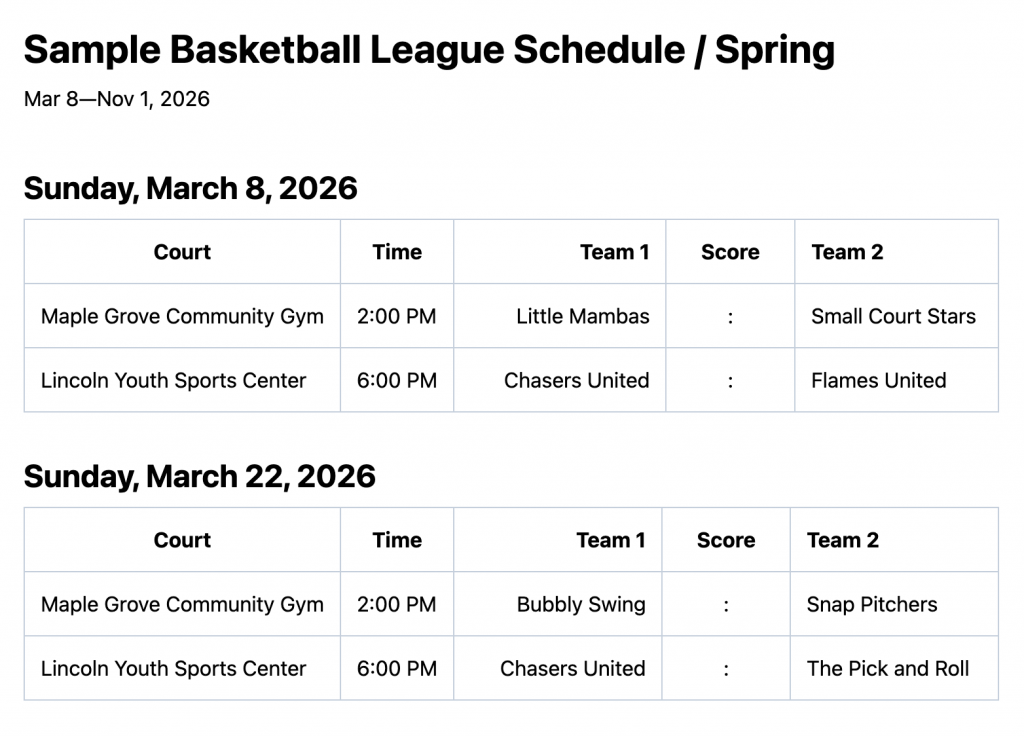 Printable league schedule